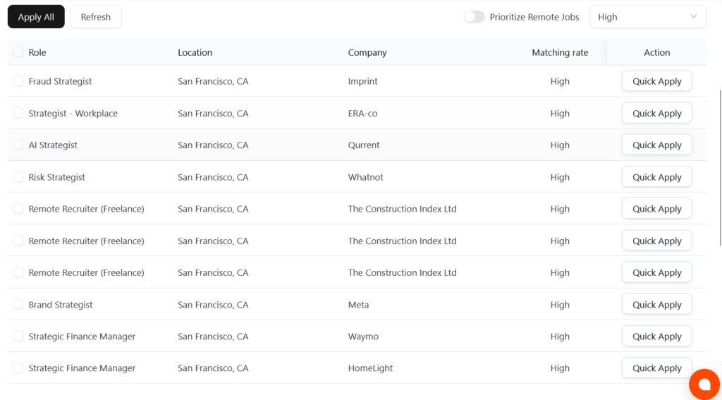 Final Round AI's job matching dashboard listing roles, locations, companies, match strength, and quick apply actions.