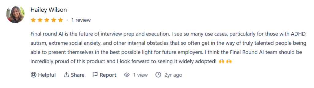 Five-star review highlighting Final Round AI’s benefits for candidates with anxiety, ADHD, and communication challenges.