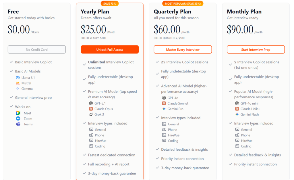Final Round AI's pricing table comparing free, monthly, quarterly, and yearly plans for AI interview copilot features.