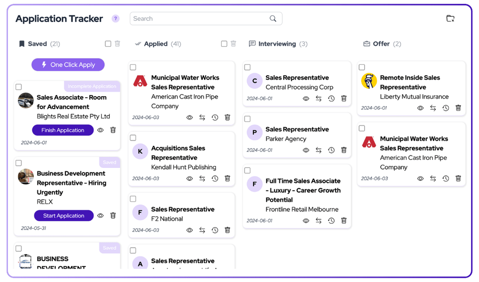 JobCopilot application tracker: Track every stage of your job search in one place — from saved listings and submitted applications to active interviews and offers 