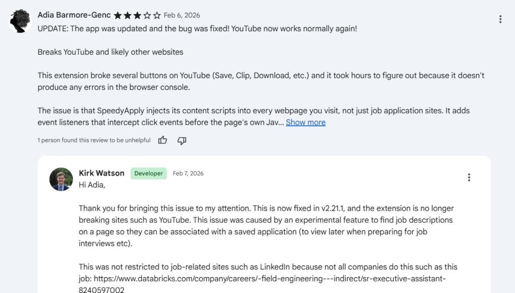 A 2-star review from Adia Barmore-Genc reporting that SpeedyApply broke YouTube buttons by injecting scripts into all websites, with a developer reply confirming the bug was fixed in version 2.21.1.