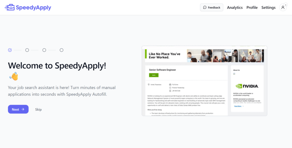 SpeedyApply's onboarding welcome screen introducing new users to the extension's core value proposition — turning lengthy manual job applications into a quick, automated experience with one-click autofill.