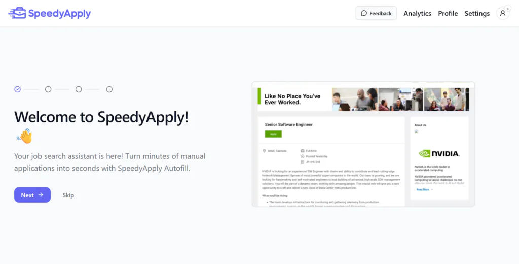 La schermata di benvenuto per l'onboarding di SpeedyApply introduce i nuovi utenti alla proposta di valore principale dell'estensione: trasformare le lunghe domande di lavoro manuali in un'esperienza rapida e automatizzata con l'autocompilazione in un solo clic.