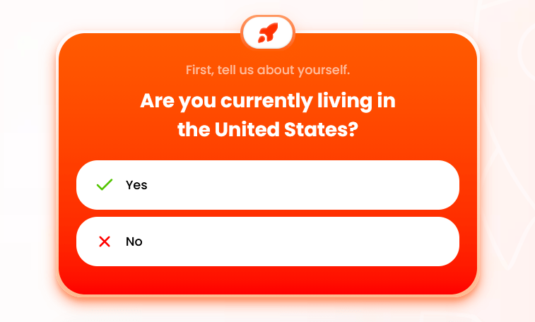 Schermata di onboarding di ApplyBlast che chiede se l'utente vive attualmente negli Stati Uniti.