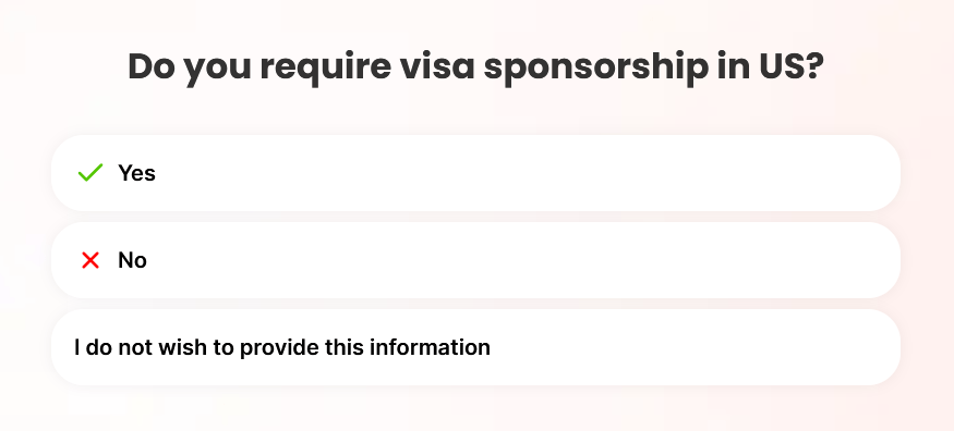 Il modulo di onboarding di ApplyBlast chiede se l'utente necessita della sponsorizzazione del visto per lavorare negli Stati Uniti.