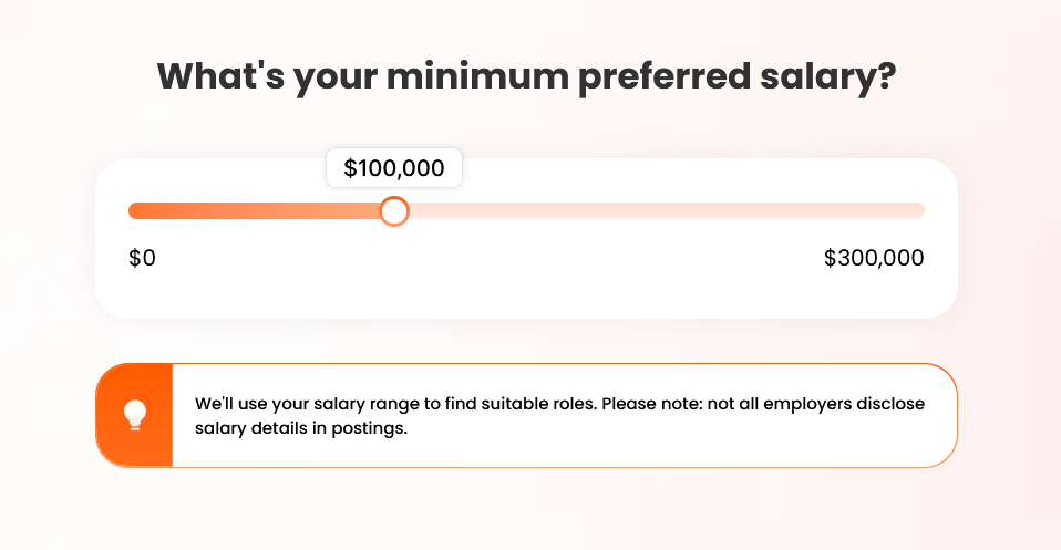 Schermata di inserimento di ApplyBlast che mostra il cursore delle preferenze salariali utilizzato per impostare il salario minimo previsto.