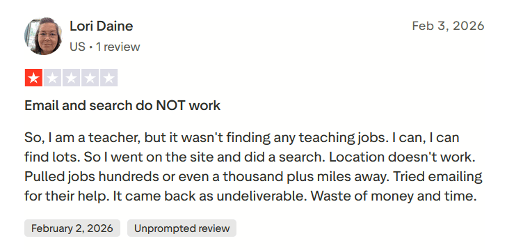 La recensione di Trustpilot afferma che la ricerca di ApplyBlast non ha trovato posti di lavoro rilevanti per l'insegnamento e che il filtro per le località non ha funzionato.