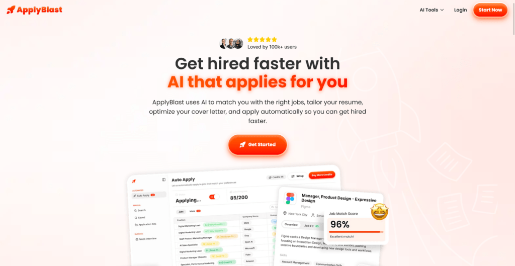 La homepage di ApplyBlast mostra la piattaforma di automazione delle candidature AI che abbina le offerte di lavoro, adatta i curriculum e si applica automaticamente.