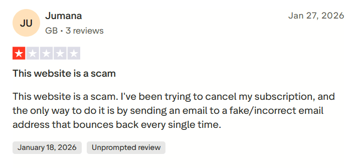 Trustpilot review by Jumana claiming the website is a scam and saying subscription cancellation emails bounce back.