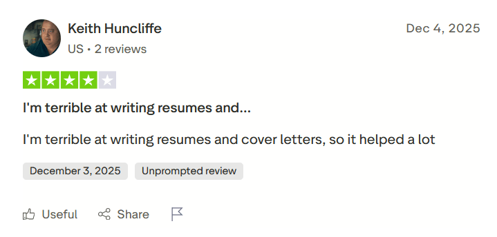 Trustpilot review by Keith Huncliffe saying the platform helped him create resumes and cover letters.