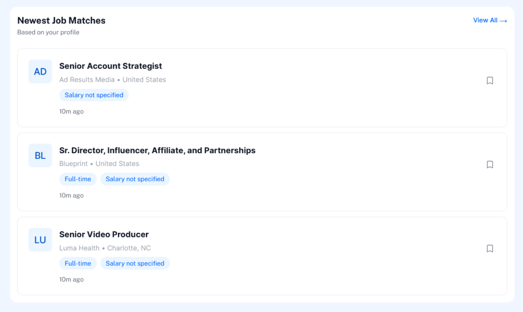 BetterApply showing newest job matches according to the profile.