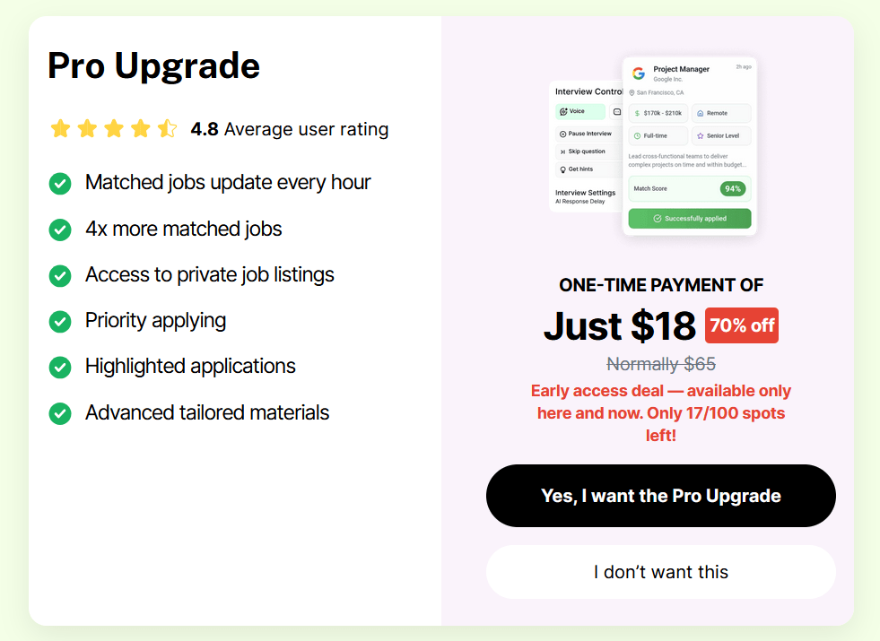 BetterApply Pro Upgrade page offering faster job matching, priority applying, and private job listings access.