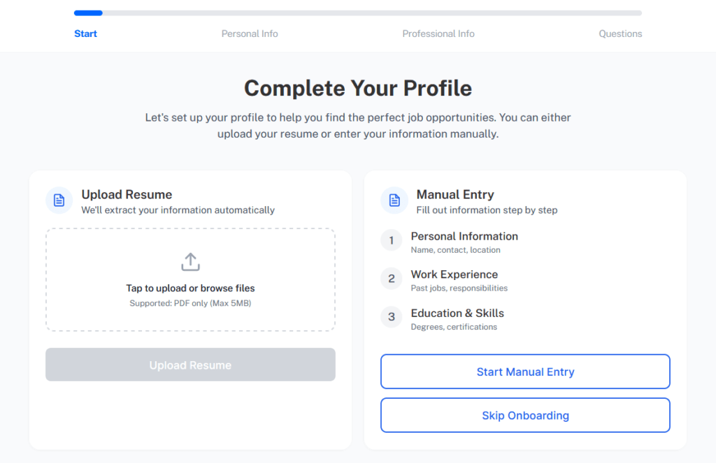 BetterApply tool screen asking to complete the profile.