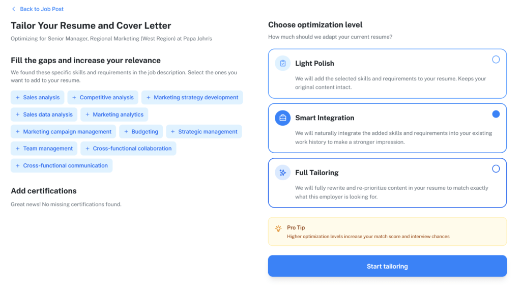 BetterApply's tailor your resume feature.