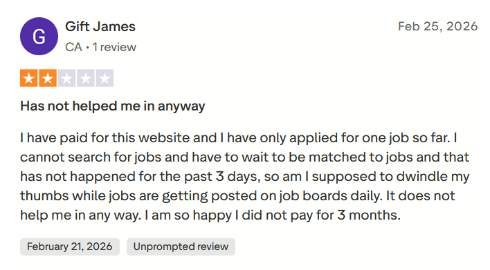 Trustpilot review by Gift James stating the platform did not help with job searching and requires waiting for job matches.