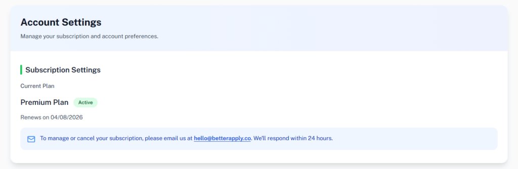 BetterApply's subscription settings.