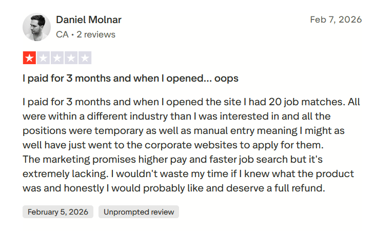Trustpilot review by Daniel Molnar criticizing the platform for irrelevant job matches and saying the service lacks value.
