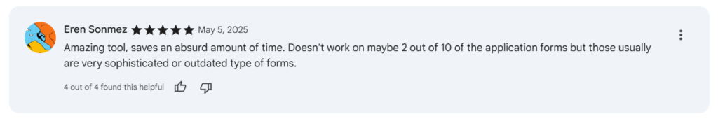 A 4-star Chrome review from Eren Sonmez praising SpeedyApply as an amazing time-saving tool, noting it only fails on roughly 2 out of 10 forms, typically those that are highly sophisticated or outdated.