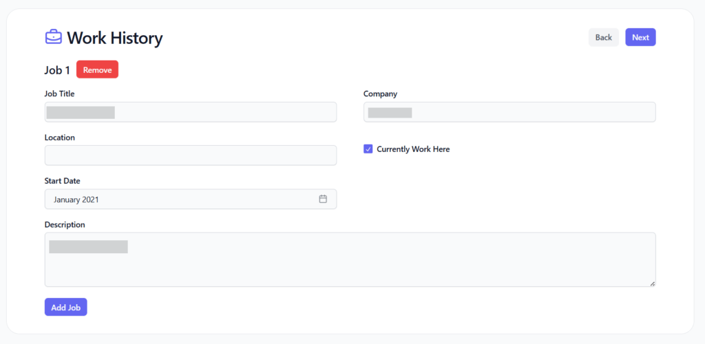 SpeedyApply's work history form where users can enter job title, company name, location, start date, and a role description, with a "Currently Work Here" checkbox and the option to add multiple past positions.