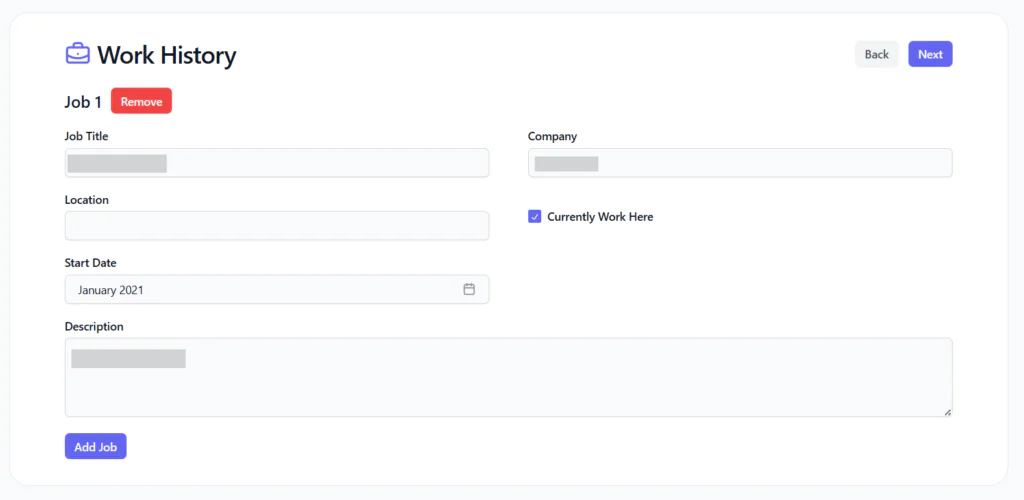 Il modulo della storia lavorativa di SpeedyApply, in cui gli utenti possono inserire il titolo del lavoro, il nome dell'azienda, la sede, la data di inizio e la descrizione del ruolo, con una casella di controllo "Attualmente lavoro qui" e la possibilità di aggiungere più posizioni passate.