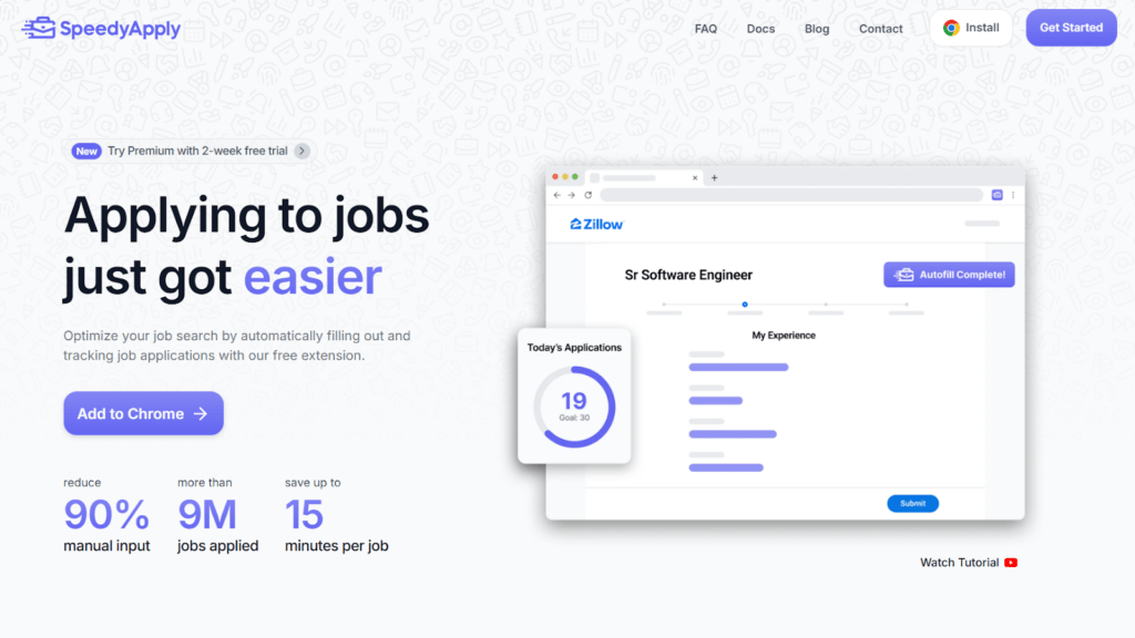 SpeedyApply's official landing page highlighting its free Chrome extension that reduces manual application input by 90%, tracks over 9 million jobs applied, and saves up to 15 minutes per application with intelligent autofill.