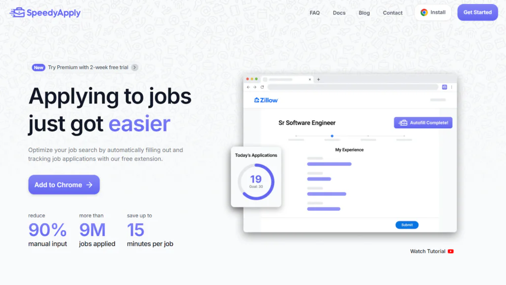 La pagina ufficiale di SpeedyApply mette in evidenza la sua estensione gratuita per Chrome che riduce di 90% l'inserimento manuale delle domande, tiene traccia di oltre 9 milioni di lavori applicati e fa risparmiare fino a 15 minuti per domanda grazie all'autocompilazione intelligente.