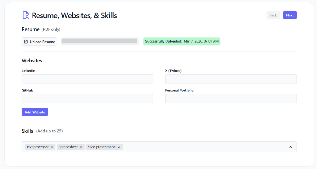 Upload a PDF resume and add professional profile links including LinkedIn, GitHub, X (Twitter), and a personal portfolio, plus list up to 25 relevant skills to complete your SpeedyApply profile.
