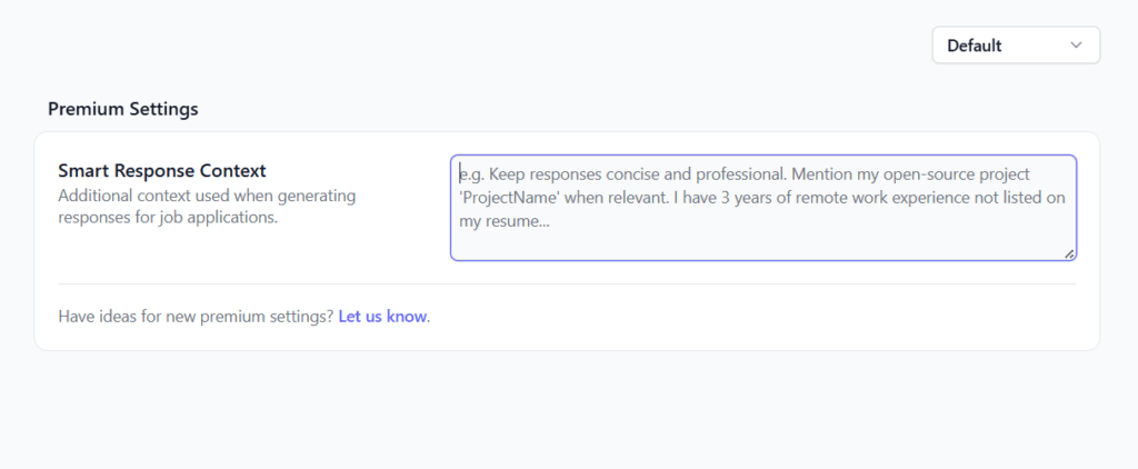 Create and save custom autofill responses triggered by specific keywords found in job application questions, with controls for keyword count, appearance thresholds, and a built-in keyword testing tool.