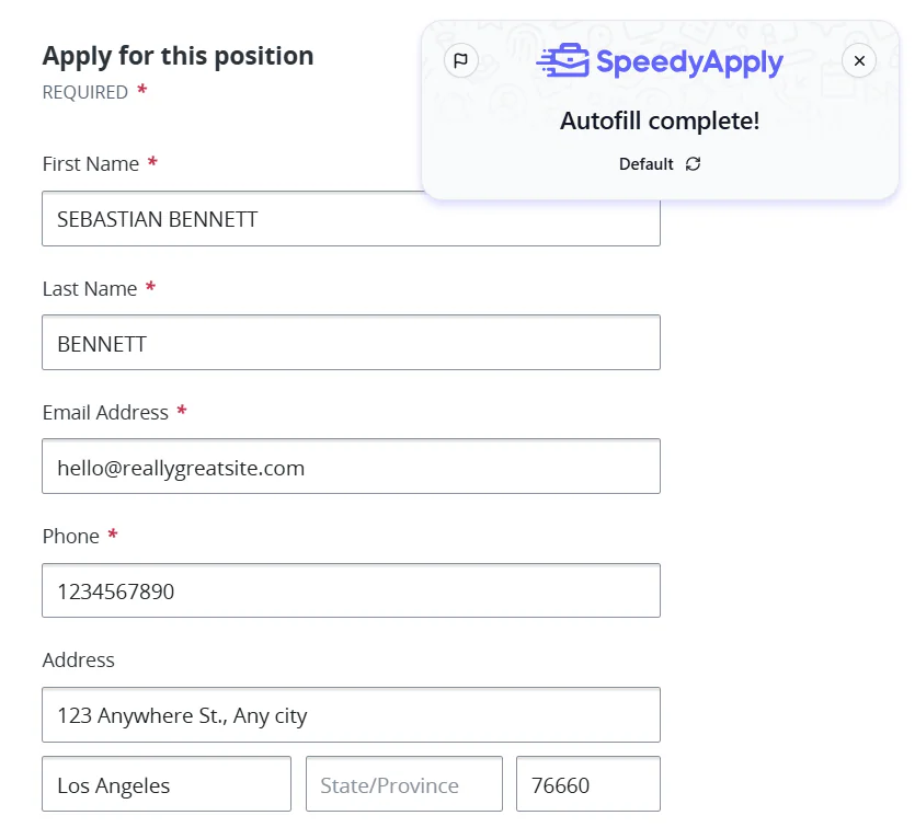 La funzione di autocompilazione di SpeedyApply in azione, che popola automaticamente un modulo di domanda di lavoro con dati personali quali nome, e-mail, telefono e indirizzo, confermati da un popup "Autocompilazione completa!.
