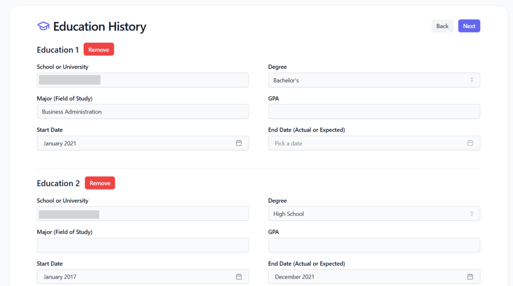 A multi-entry education history form within SpeedyApply's profile builder, supporting fields for school name, degree type, field of study, GPA, and start and end dates for each educational entry.