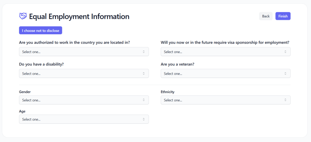 The first step of SpeedyApply's profile setup, where users enter their legal name, preferred name, and language proficiencies with native or fluency designations for each language listed.