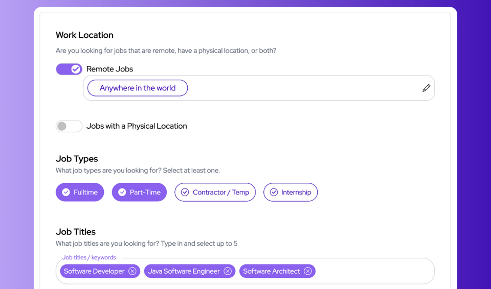 Configure your job search preferences by selecting remote or in-person work locations, choosing job types like full-time, part-time, or internship, and adding up to five targeted job titles or keywords on JobCopilot.
