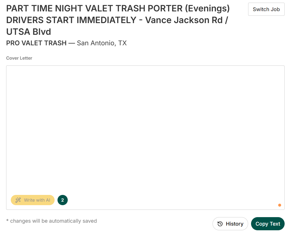 Teal cover letter editor for a job at PRO VALET TRASH with an empty text field, a Write with AI button, and options to view history or copy text
