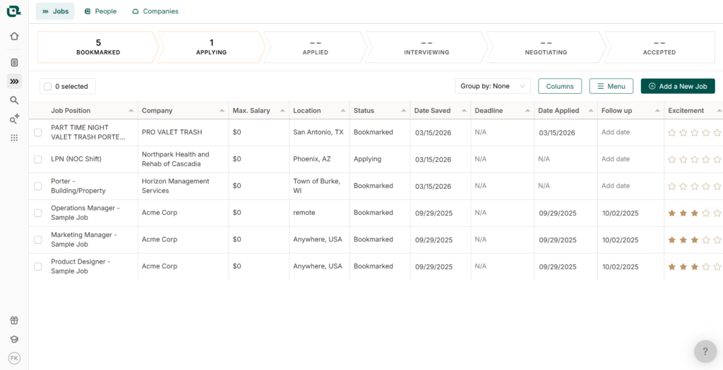 Teal job tracker showing a pipeline with 5 bookmarked and 1 applying, with a table listing saved jobs by position, company, location, status, and date