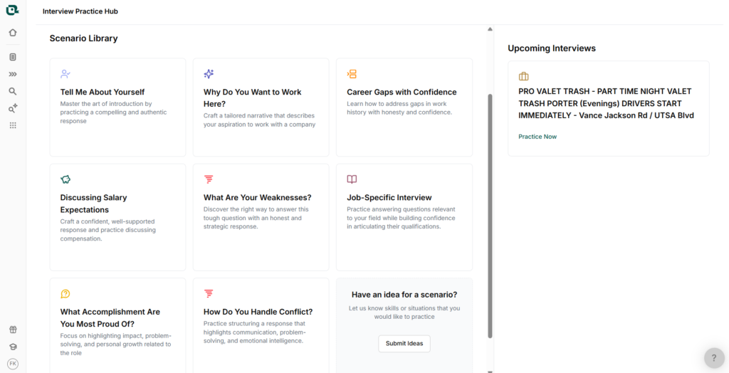 Teal's Interview Practice Hub displaying a scenario library with six practice categories including Tell Me About Yourself, Career Gaps with Confidence, and Discussing Salary Expectations
