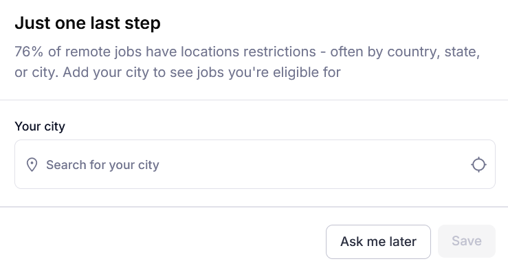 Global Work AI onboarding prompt asking users to enter their city to filter eligible remote job listings, with an option to skip