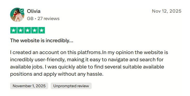 Trustpilot 5-star review from Olivia praising Global Work AI as incredibly user-friendly, with easy job browsing and a hassle-free application experience.