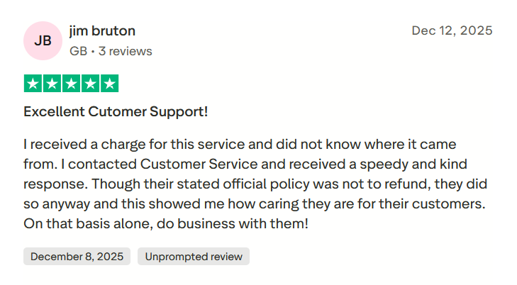 Trustpilot 5-star review from Jim Bruton praising Global Work AI's customer support for issuing a refund despite an official no-refund policy.