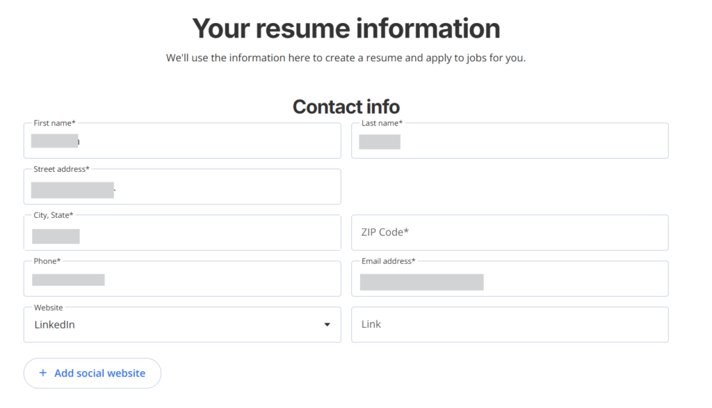 Resume information form with a "Your resume information" heading, a subheading stating the info will be used to apply to jobs, and a Contact info section with fields for first name, last name, street address, city/state, ZIP code, phone, email address, and a website dropdown set to LinkedIn with a link field.