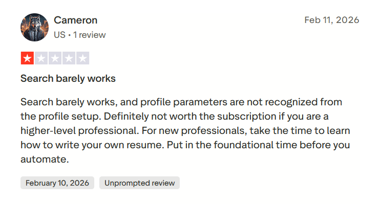 Trustpilot 2-star review from Cameron stating that Global Work AI's search barely works and profile parameters are ignored, calling it not worth it for higher-level professionals.
