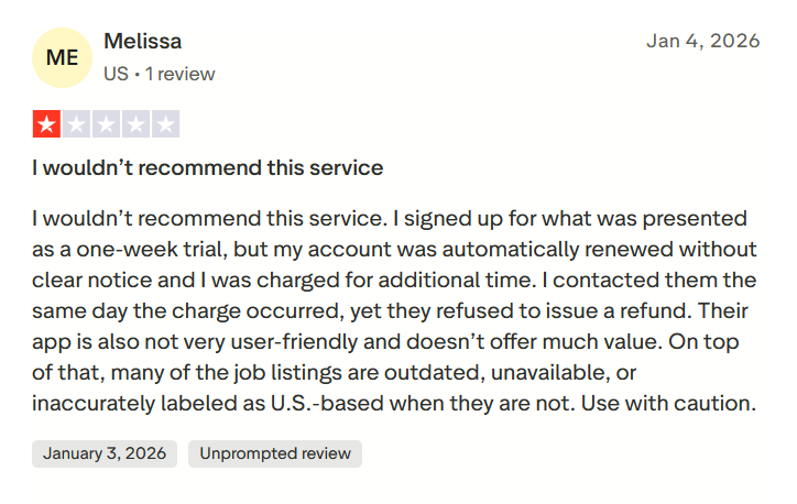 Trustpilot 2-star review from Melissa warning about unexpected auto-renewal charges, outdated job listings, and a denied refund request.