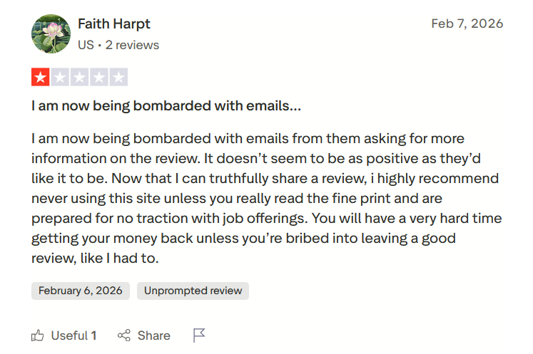Trustpilot 2-star review from Faith Harpt alleging she was bombarded with emails after leaving a negative review and that refunds were tied to leaving positive feedback.