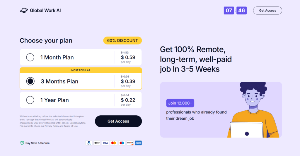 Global Work AI pricing page showing three plan options — 1 Month at $0.59/day, 3 Months at $0.39/day, and 1 Year at $0.22/day — all advertised at a 60% discount, with an auto-renewal disclaimer in fine print.