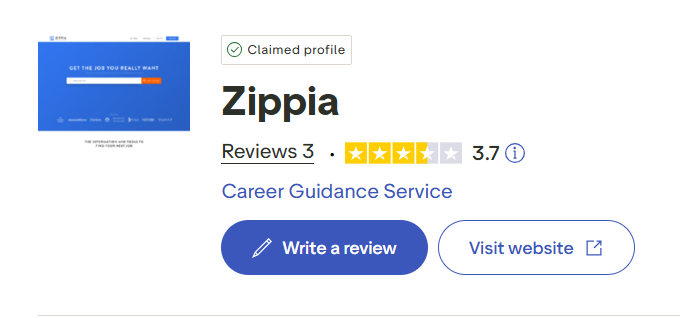 Zippia's claimed Trustpilot profile showing a 3.7-star rating based on 3 reviews, categorized as a Career Guidance Service, with Write a Review and Visit Website buttons.