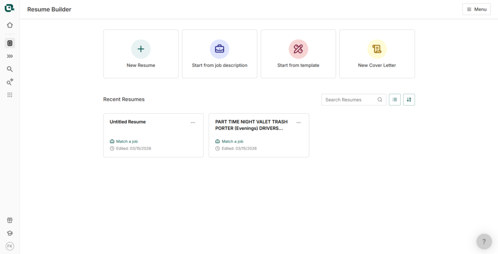 Teal Resume Builder homepage with options to create a new resume, start from a job description, use a template, or write a new cover letter, plus two recent resumes listed below
