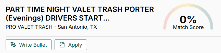 al job match card showing 0% match score, a prompt to upgrade to Teal+ for more keywords, and a Hard Skills section flagging missing terms like Background checks, Paid, Policies, and Recycling