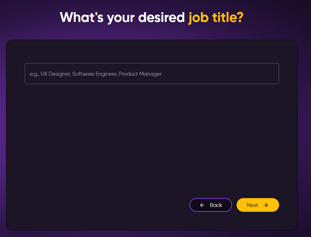 RoboApply onboarding screen asking "What's your desired job title?" with a text input field showing example placeholders: UX Designer, Software Engineer, Product Manager.

