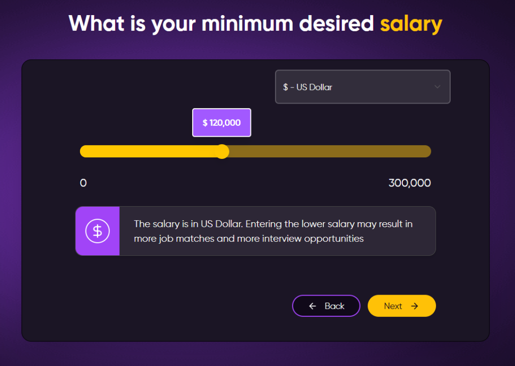 RoboApply onboarding screen asking for minimum desired salary, showing a slider defaulted to $120,000 with a range up to $300,000 and a note that a lower salary may increase job matches.
