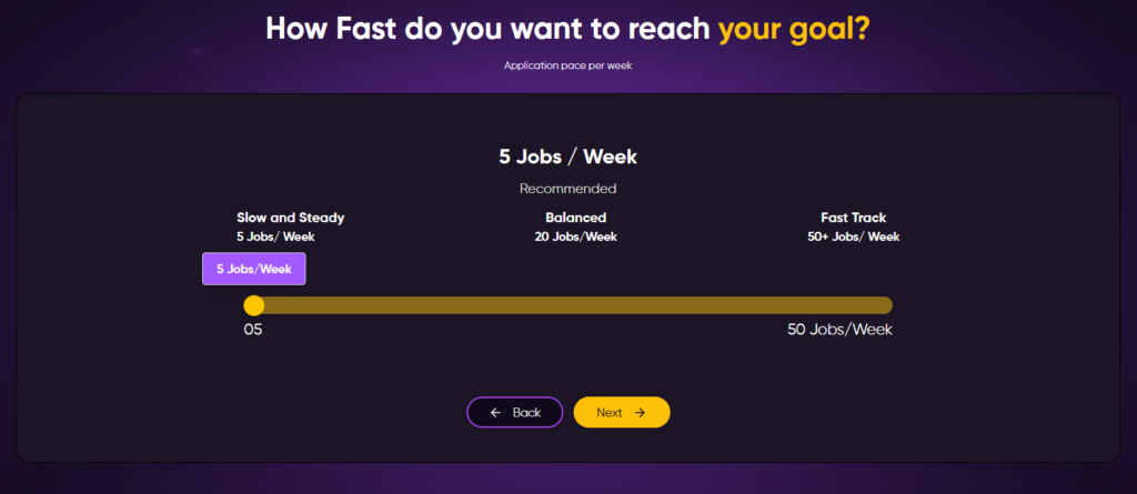 RoboApply onboarding screen asking "What's your job search goal?" with three selectable options: Land a job fast, Explore new roles, and Level up my Career.
