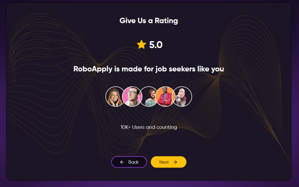 RoboApply onboarding screen displaying a pre-loaded 5.0 star rating and the message "RoboApply is made for job seekers like you," shown to new users before they have used the platform.